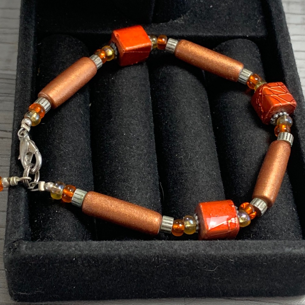 Handcrafted Orange Copper Beaded Bracelet Flower Dangle Lobster Clasp 6.5 Inch